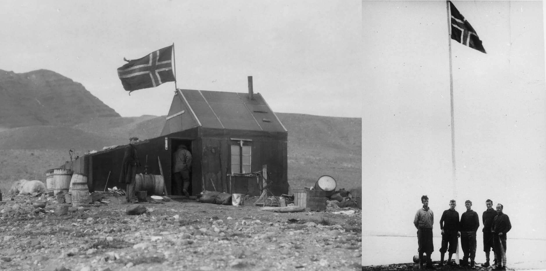 Foto av hytte og menn foran flaggstang