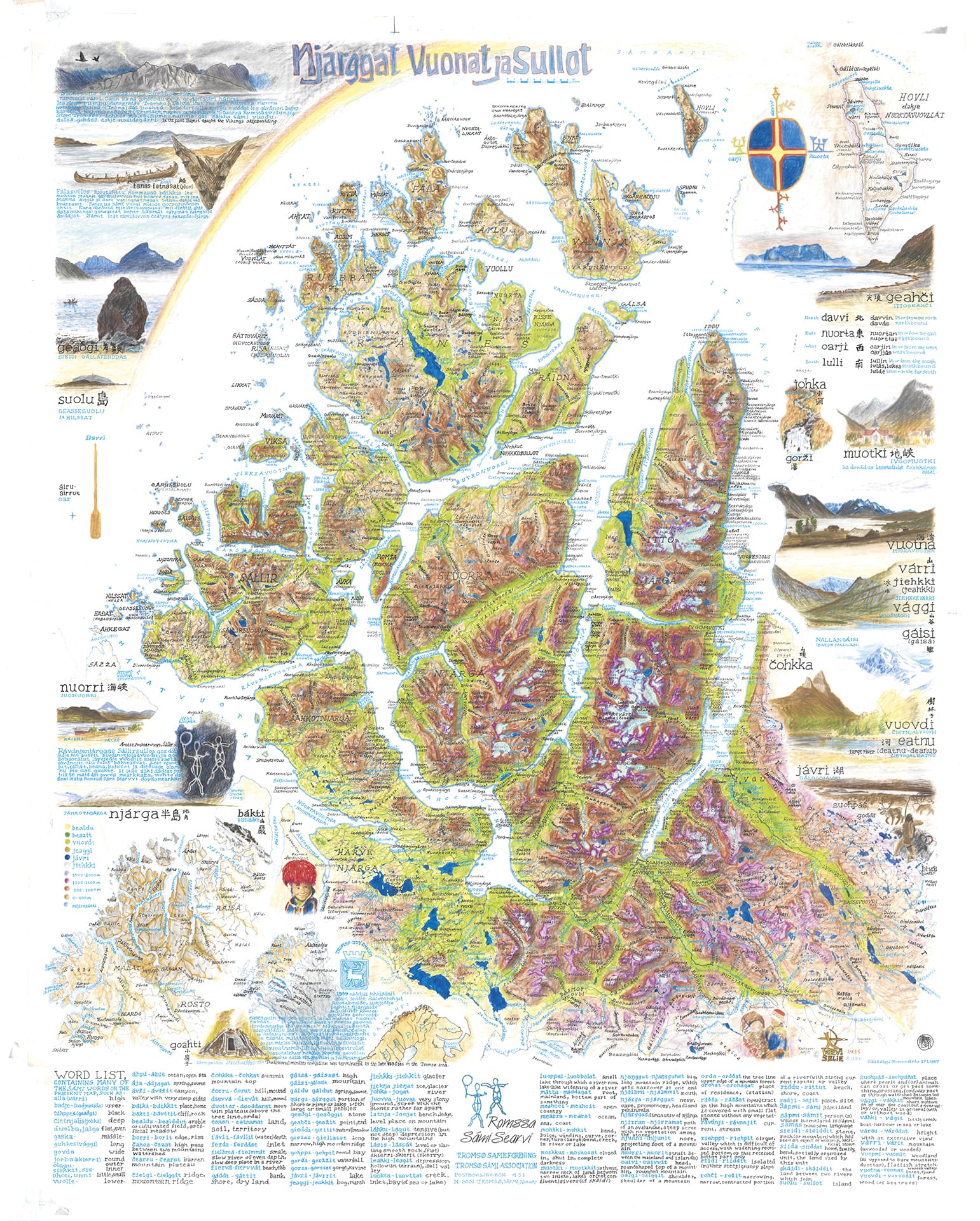 Illustrert kart med samiske stedsnavn